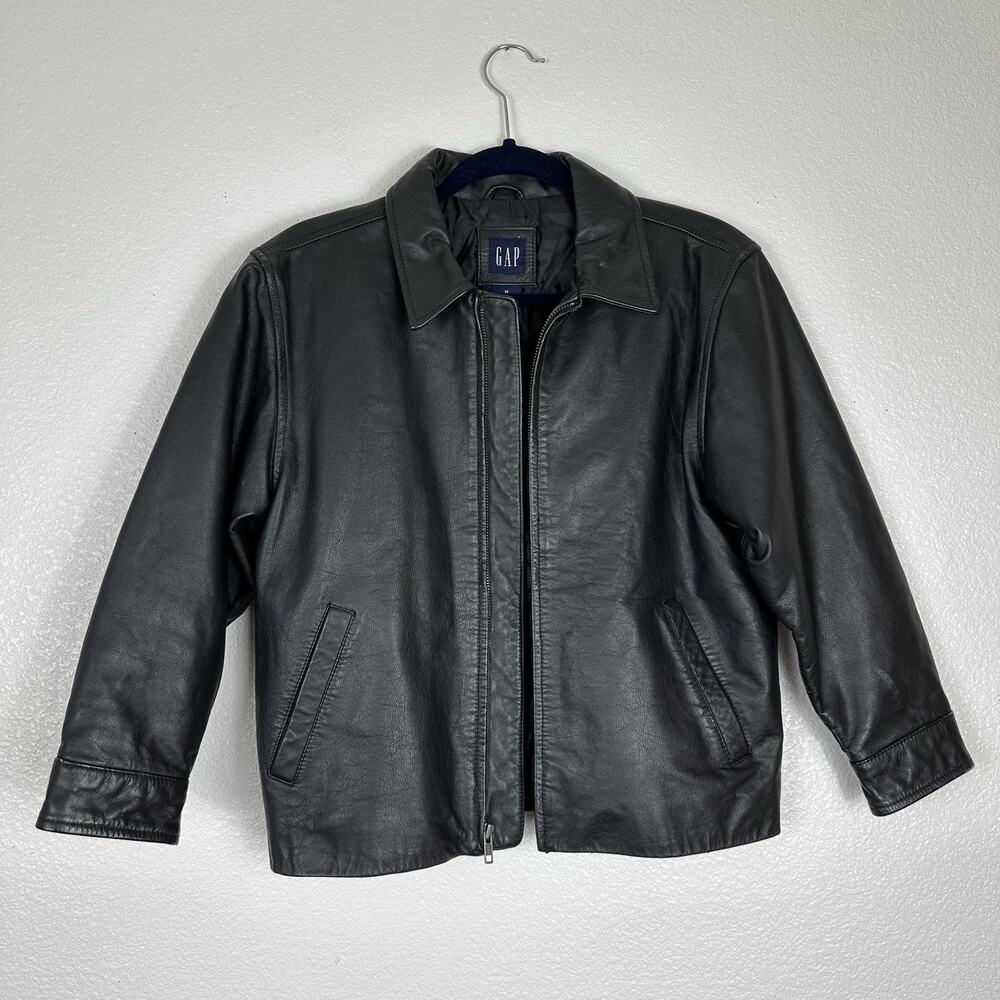 Vintage Gap Jacket Youth Medium Black Leather Bomber Aviator Coat Y2K Zip Up